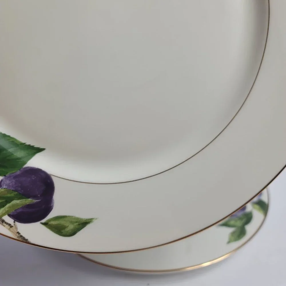 TWO Mikasa Plum L3132 Court Dinner Plates White with Purple Plums Green Leaves